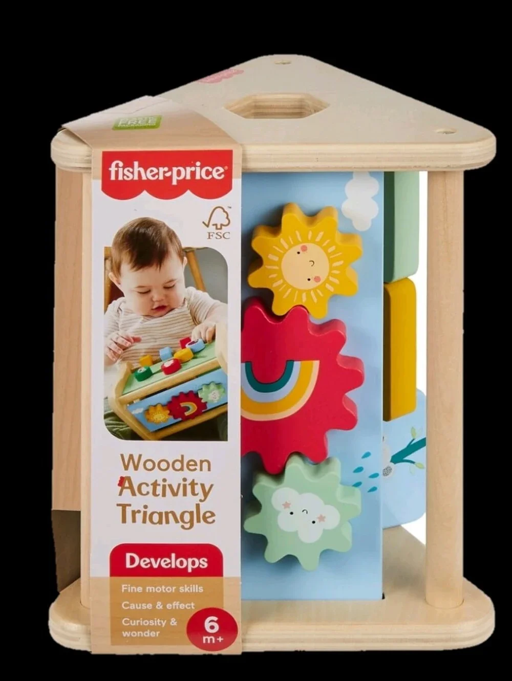 Fisher-Price Wooden Activity Triangle Toy - Gears, Screws, Animals, Colors, More